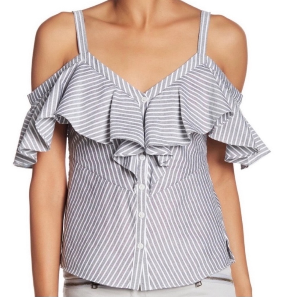 Veronica Beard Grant Off-Shoulder Ruffle Gray and White Striped Top